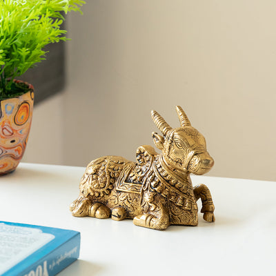 'Nandi' Carved Brass Showpiece Idol (Hand-Etched, 0.9 Kg)