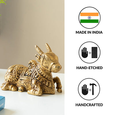 'Nandi' Carved Brass Showpiece Idol (Hand-Etched, 0.9 Kg)
