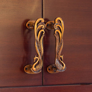 'Beautiful Peacock Pair' Hand-Etched Carved Door Handle In Brass