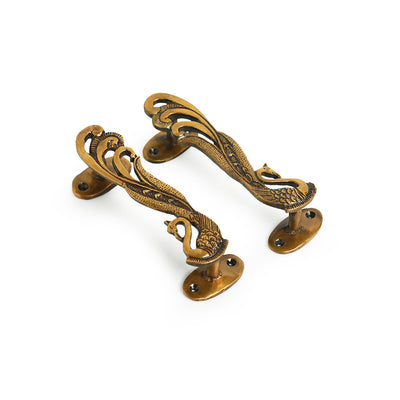 'Beautiful Peacock Pair' Hand-Etched Carved Door Handle In Brass