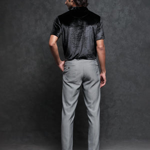 Rare Rabbit Men's Electro Black Johnny Collar Half Sleeves Velvet Polo T-Shirt