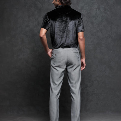 Rare Rabbit Men's Electro Black Johnny Collar Half Sleeves Velvet Polo T-Shirt