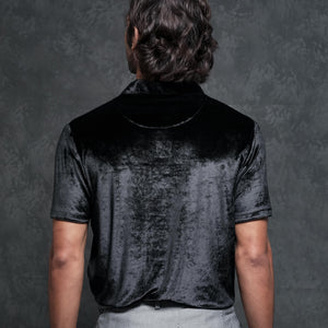Rare Rabbit Men's Electro Black Johnny Collar Half Sleeves Velvet Polo T-Shirt