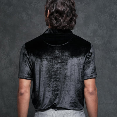 Rare Rabbit Men's Electro Black Johnny Collar Half Sleeves Velvet Polo T-Shirt