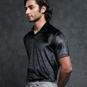 Rare Rabbit Men's Electro Black Johnny Collar Half Sleeves Velvet Polo T-Shirt