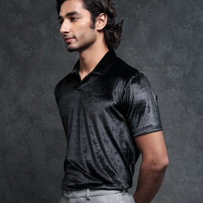 Rare Rabbit Men's Electro Black Johnny Collar Half Sleeves Velvet Polo T-Shirt