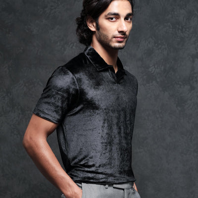 Rare Rabbit Men's Electro Black Johnny Collar Half Sleeves Velvet Polo T-Shirt