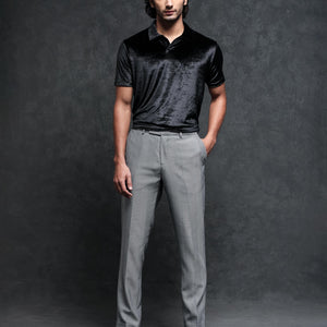 Rare Rabbit Men's Electro Black Johnny Collar Half Sleeves Velvet Polo T-Shirt