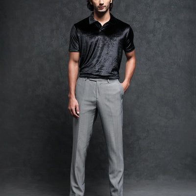 Rare Rabbit Men's Electro Black Johnny Collar Half Sleeves Velvet Polo T-Shirt