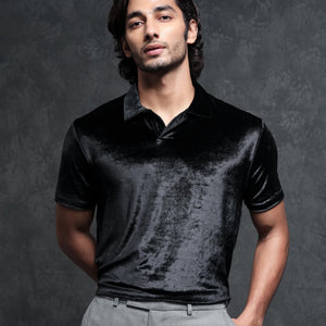 Rare Rabbit Men's Electro Black Johnny Collar Half Sleeves Velvet Polo T-Shirt