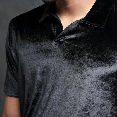 Rare Rabbit Men's Electro Black Johnny Collar Half Sleeves Velvet Polo T-Shirt