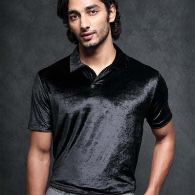 Rare Rabbit Men's Electro Black Johnny Collar Half Sleeves Velvet Polo T-Shirt