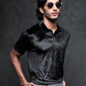 Rare Rabbit Men's Electro Black Johnny Collar Half Sleeves Velvet Polo T-Shirt