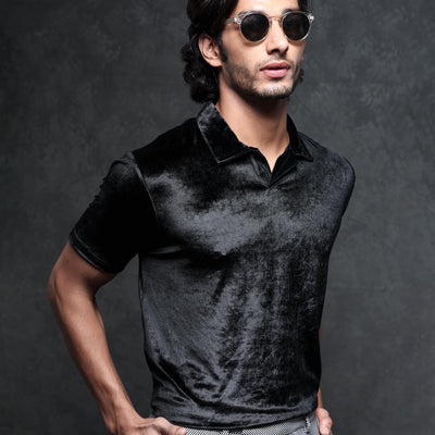 Rare Rabbit Men's Electro Black Johnny Collar Half Sleeves Velvet Polo T-Shirt