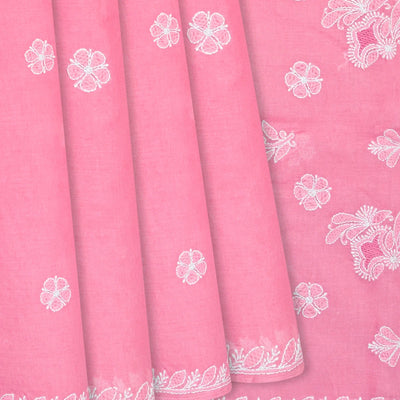 Bubble gum Pink Chikankari Embroidered Cotton Saree With Floral Motifs-BubbleGum Pink