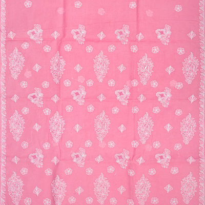 Bubble gum Pink Chikankari Embroidered Cotton Saree With Floral Motifs-BubbleGum Pink