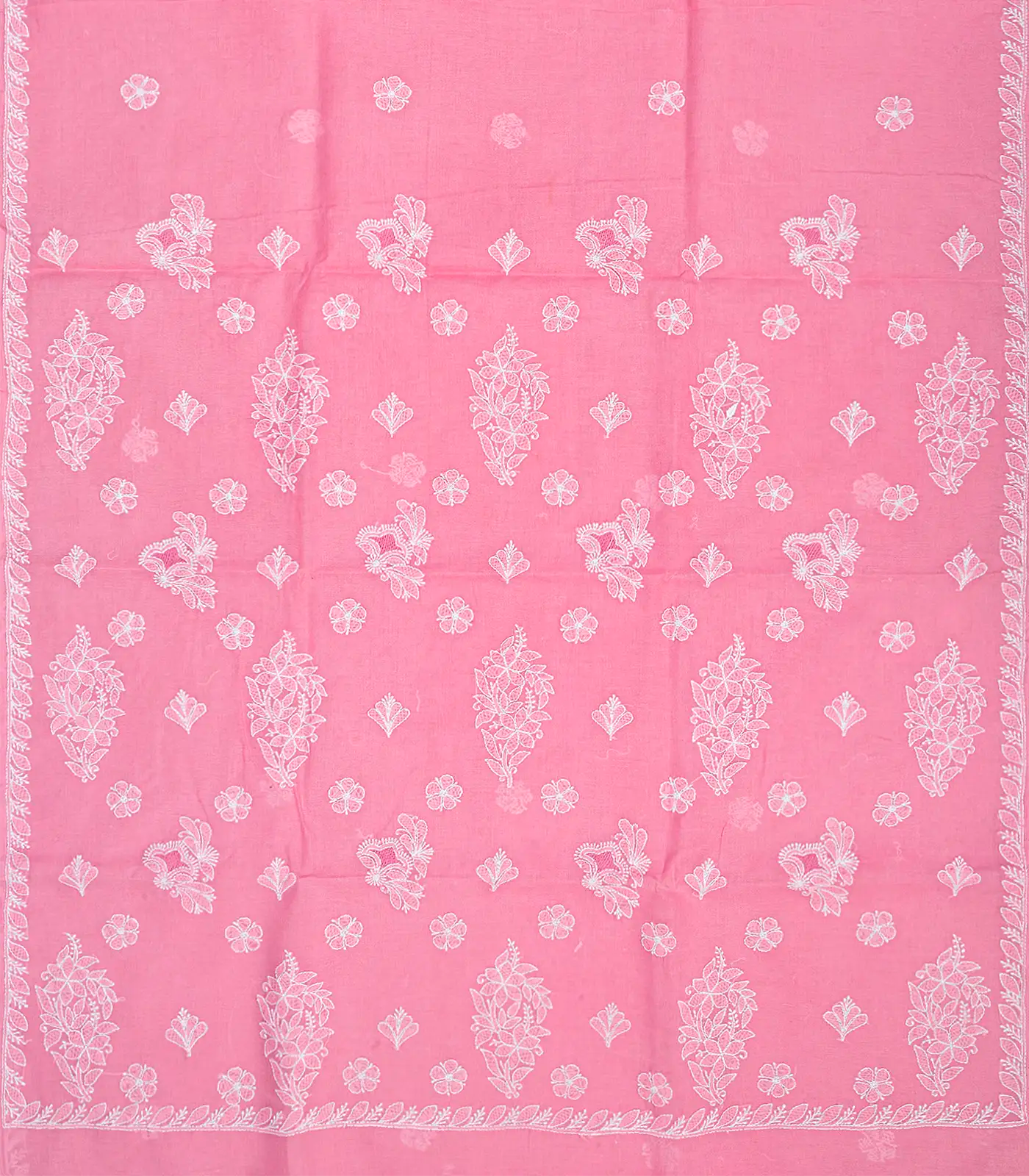 Bubble gum Pink Chikankari Embroidered Cotton Saree With Floral Motifs-BubbleGum Pink
