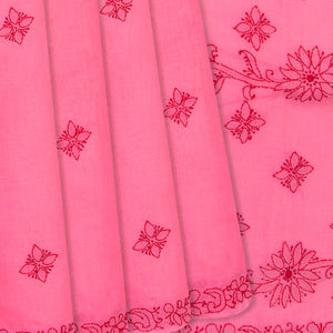 Dark peach Chikankari Embroidered Cotton Saree With Floral Motifs-Dark Peach