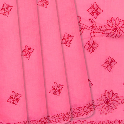 Dark peach Chikankari Embroidered Cotton Saree With Floral Motifs-Dark Peach