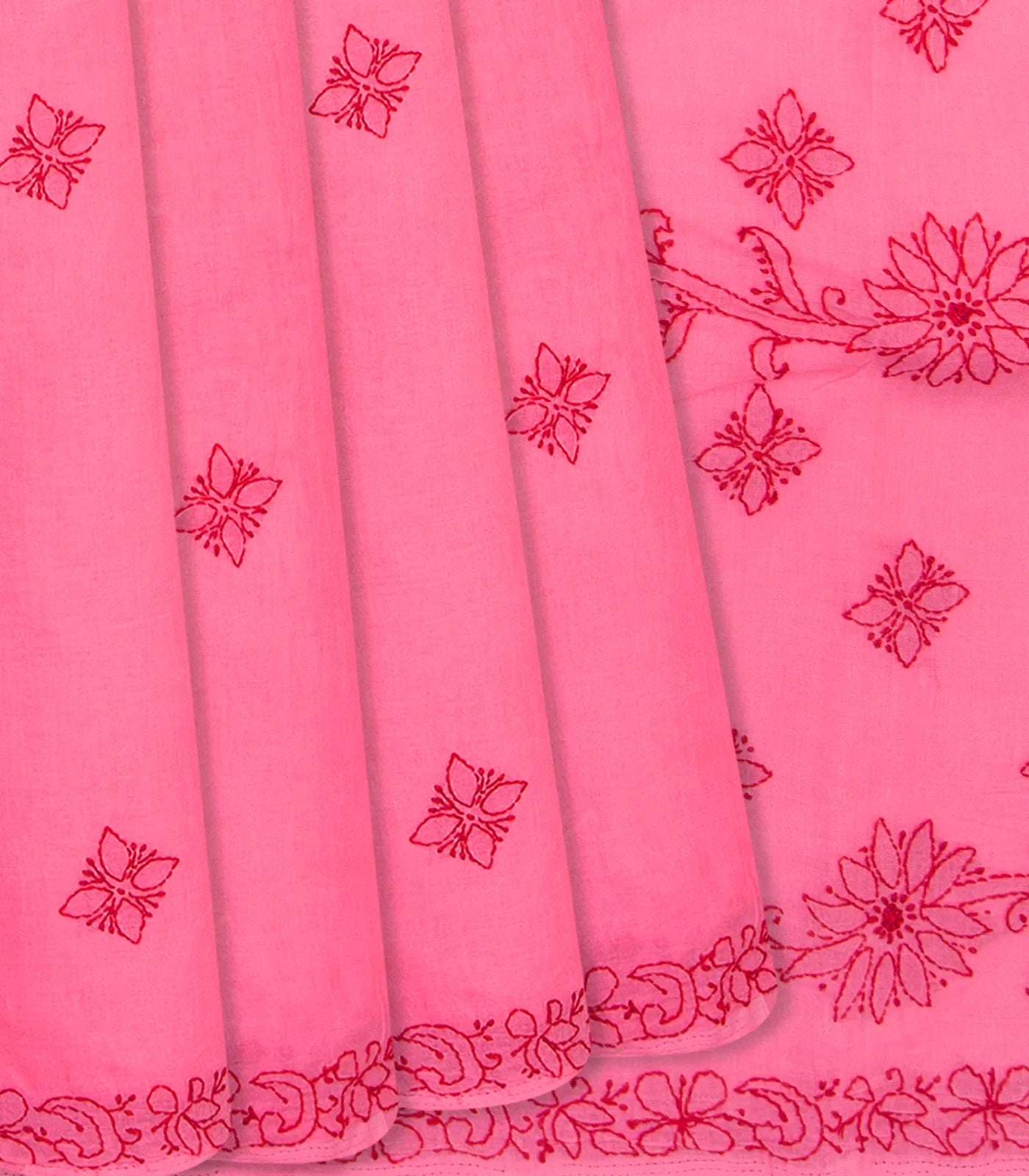 Dark peach Chikankari Embroidered Cotton Saree With Floral Motifs-Dark Peach