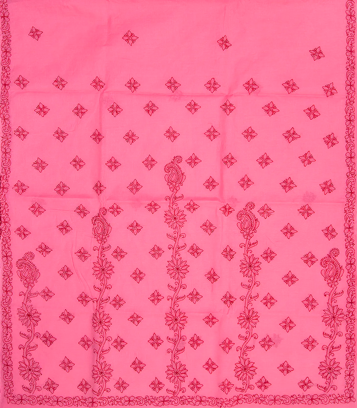 Dark peach Chikankari Embroidered Cotton Saree With Floral Motifs-Dark Peach