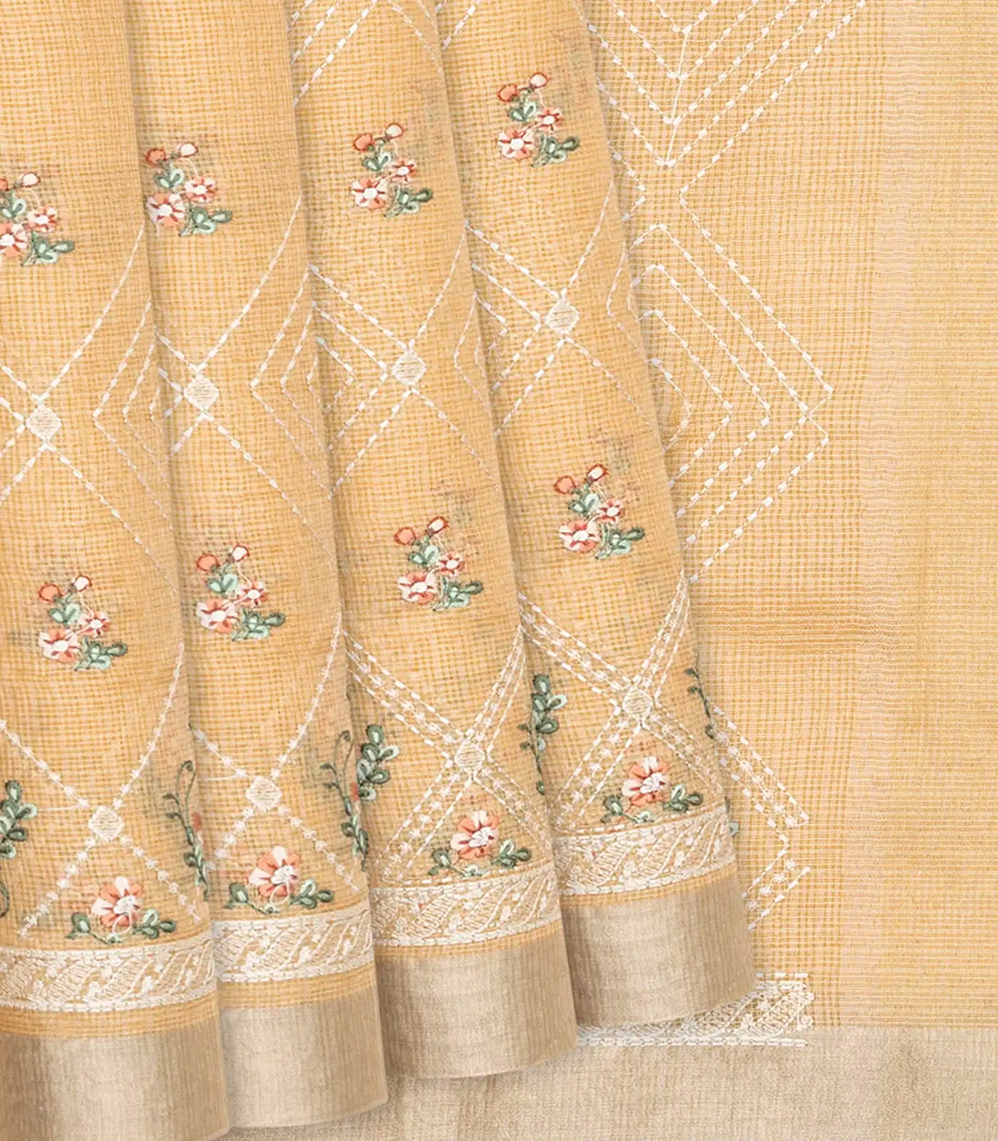 Light Peach Supernet Saree With Embroidered Diamond Motifs-Light Peach