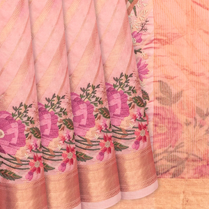 Baby Pink Raw Silk  Saree With Embroidered Floral Motifs-Baby Pink