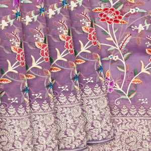Lilac Organza Silk Saree With Meena Embroidered Motifs-Lilac