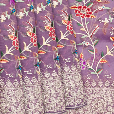 Lilac Organza Silk Saree With Meena Embroidered Motifs-Lilac