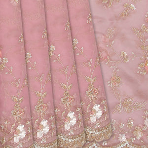 Baby Pink Woven Organza Saree With Embroidered Floral Motifs-Baby Pink