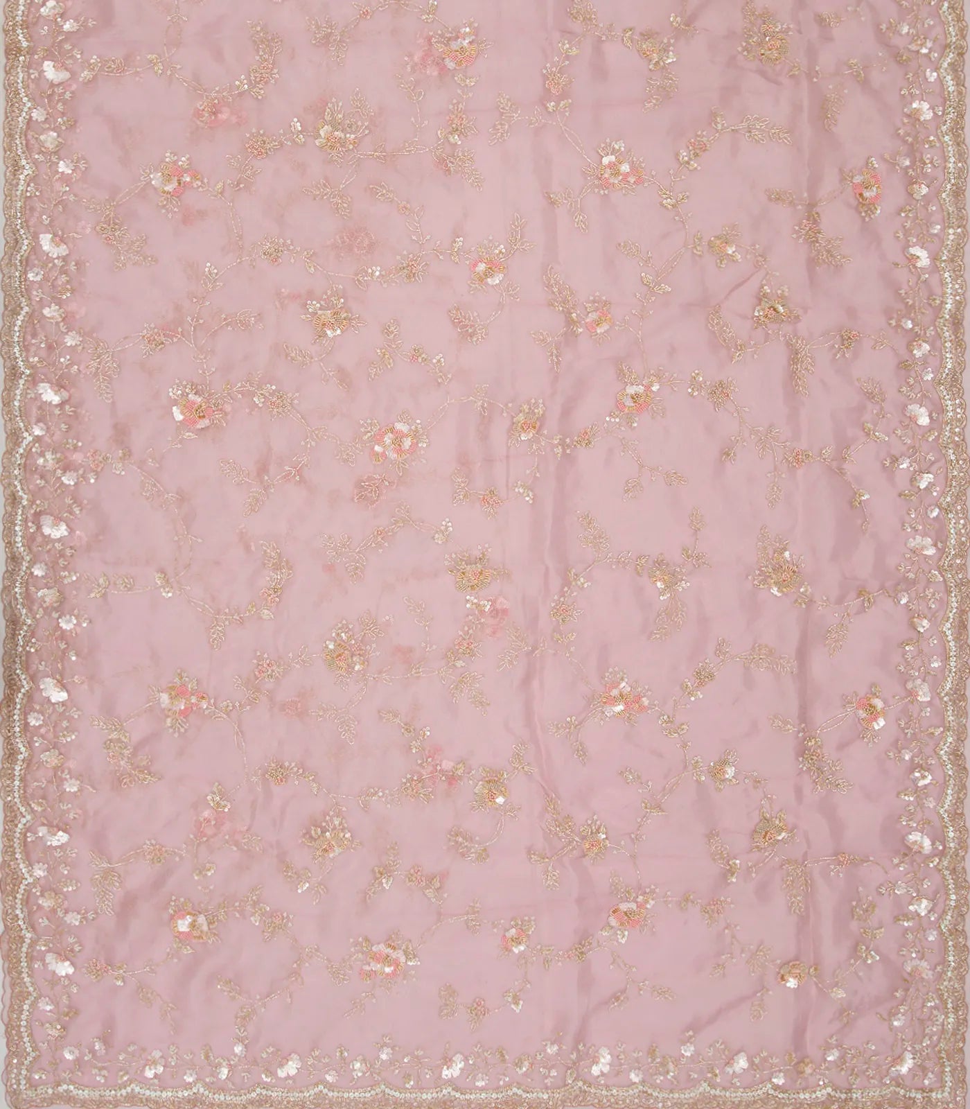 Baby Pink Woven Organza Saree With Embroidered Floral Motifs-Baby Pink