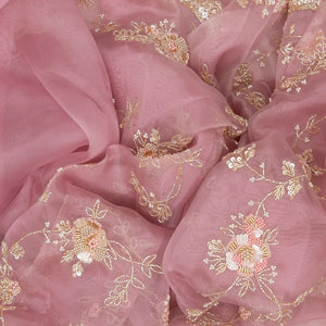 Baby Pink Woven Organza Saree With Embroidered Floral Motifs-Baby Pink