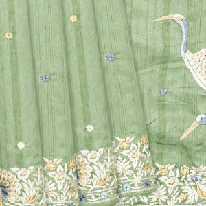 Cardamom Green Blended Dupion Saree With Embroidered Meena Motifs-Cardamom Green