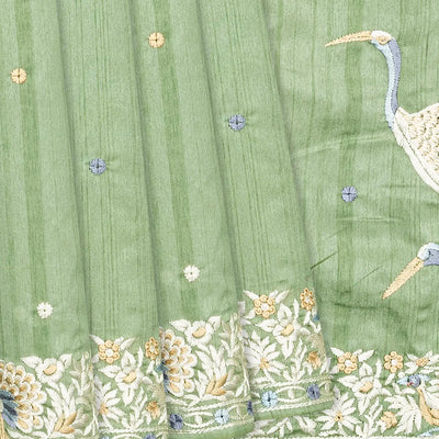 Cardamom Green Blended Dupion Saree With Embroidered Meena Motifs-Cardamom Green