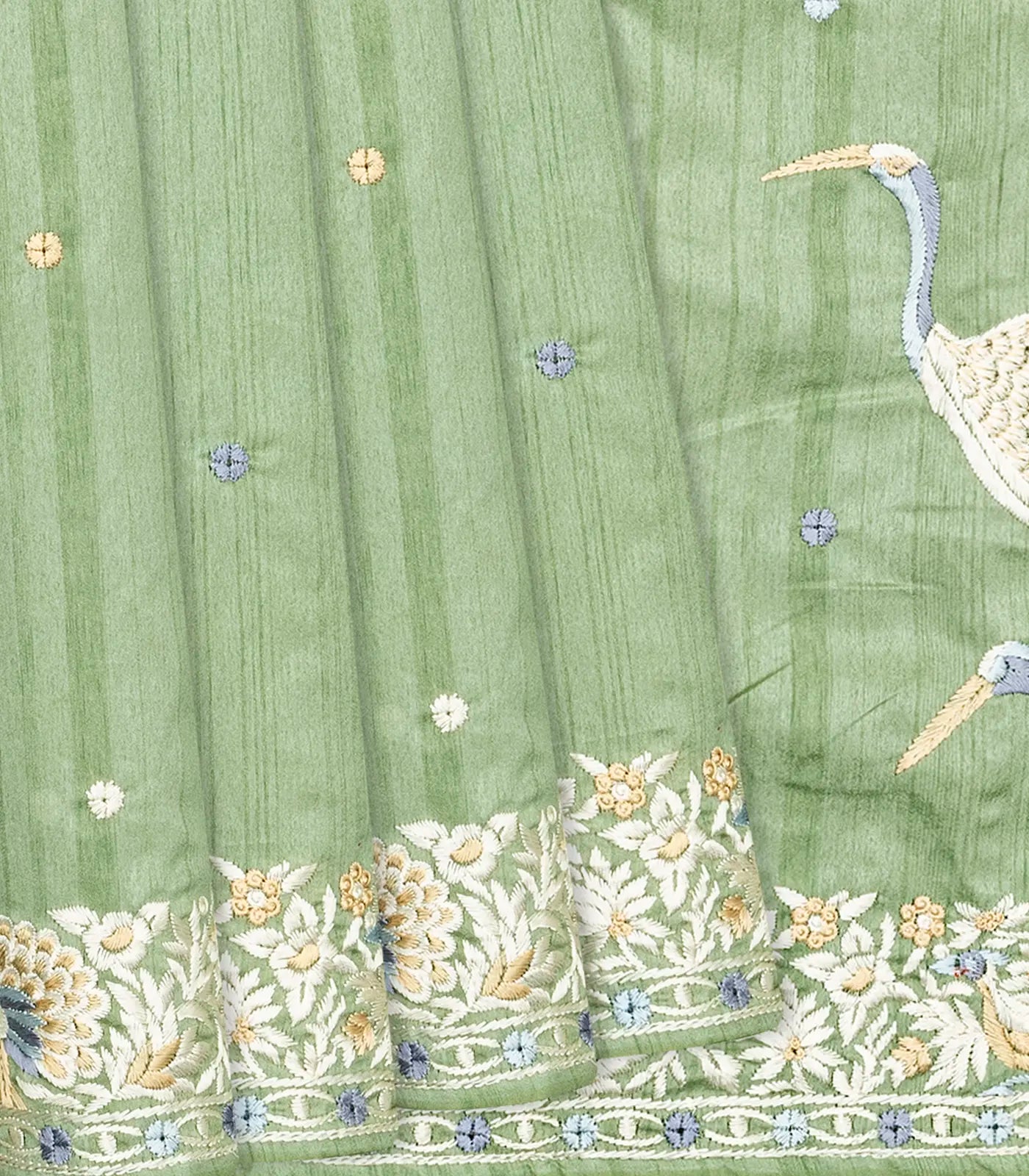 Cardamom Green Blended Dupion Saree With Embroidered Meena Motifs-Cardamom Green