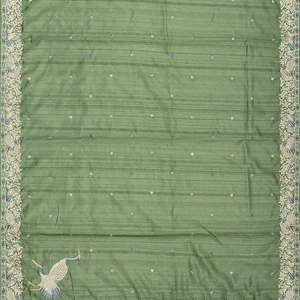 Cardamom Green Blended Dupion Saree With Embroidered Meena Motifs-Cardamom Green