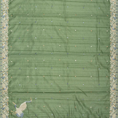 Cardamom Green Blended Dupion Saree With Embroidered Meena Motifs-Cardamom Green