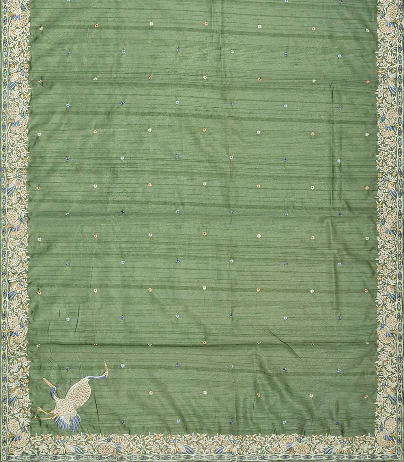 Cardamom Green Blended Dupion Saree With Embroidered Meena Motifs-Cardamom Green