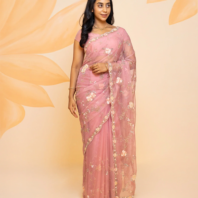Baby Pink Pure Georgette Saree Embroidered With Floral Motifs-Baby Pink