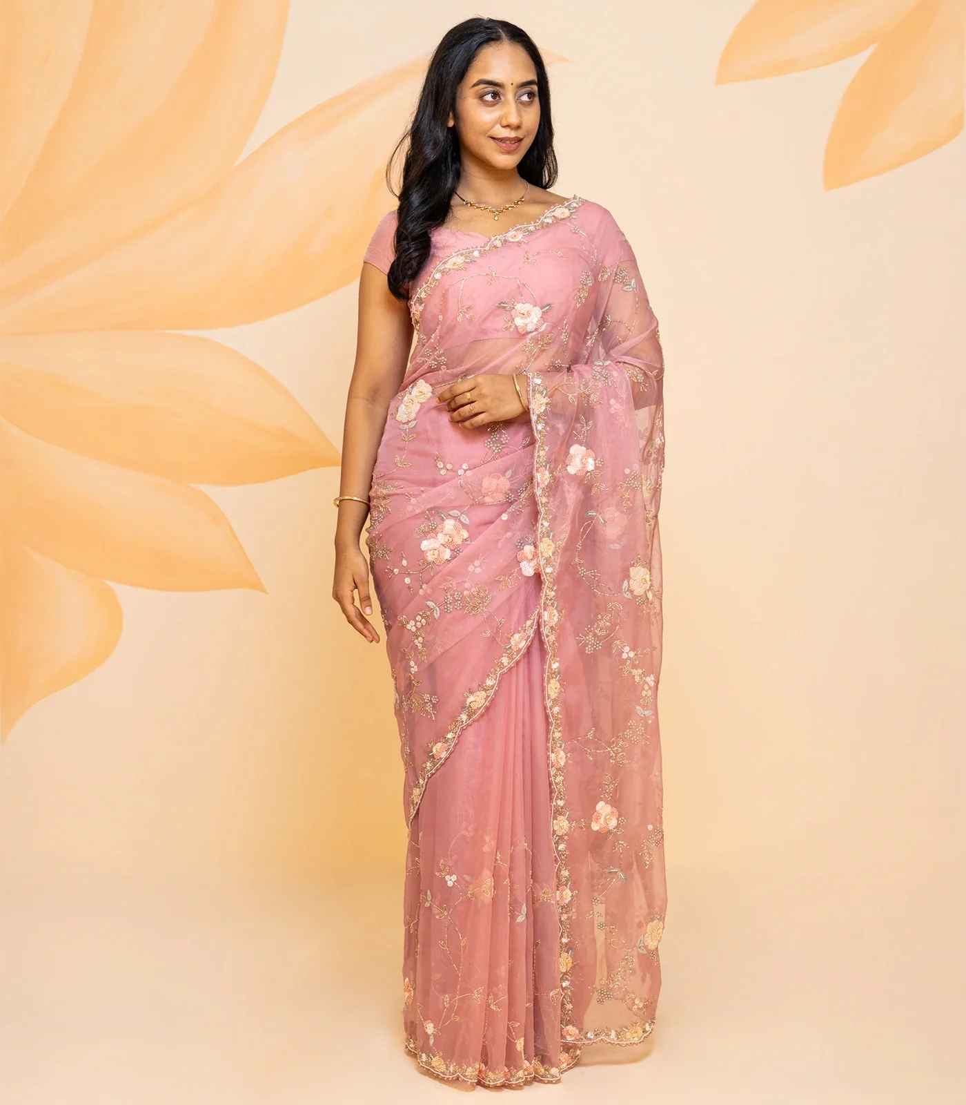 Baby Pink Pure Georgette Saree Embroidered With Floral Motifs-Baby Pink