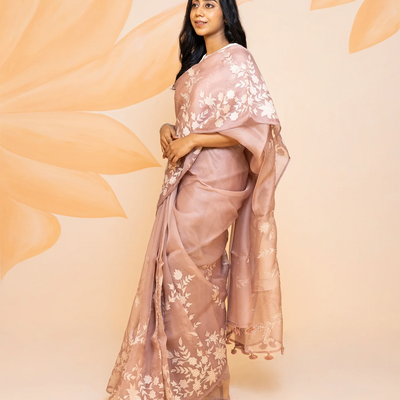 Dusty Pink Pure organza Saree Embroidered With Floral Motifs-Dusty Pink