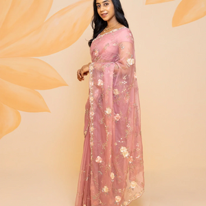 Baby Pink Pure Georgette Saree Embroidered With Floral Motifs-Baby Pink