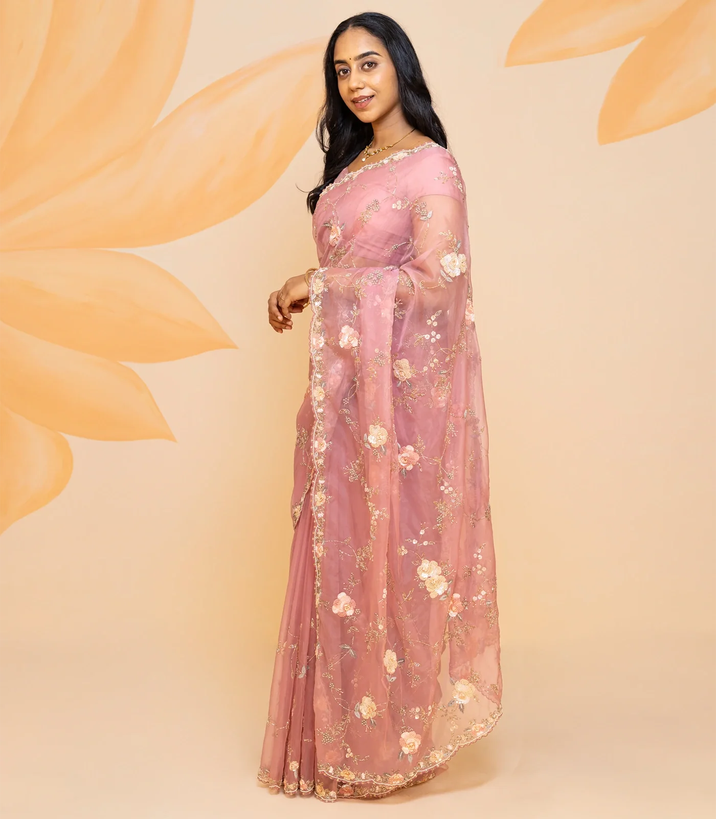 Baby Pink Pure Georgette Saree Embroidered With Floral Motifs-Baby Pink