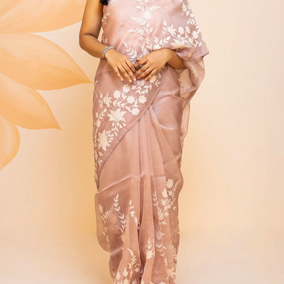 Dusty Pink Pure organza Saree Embroidered With Floral Motifs-Dusty Pink
