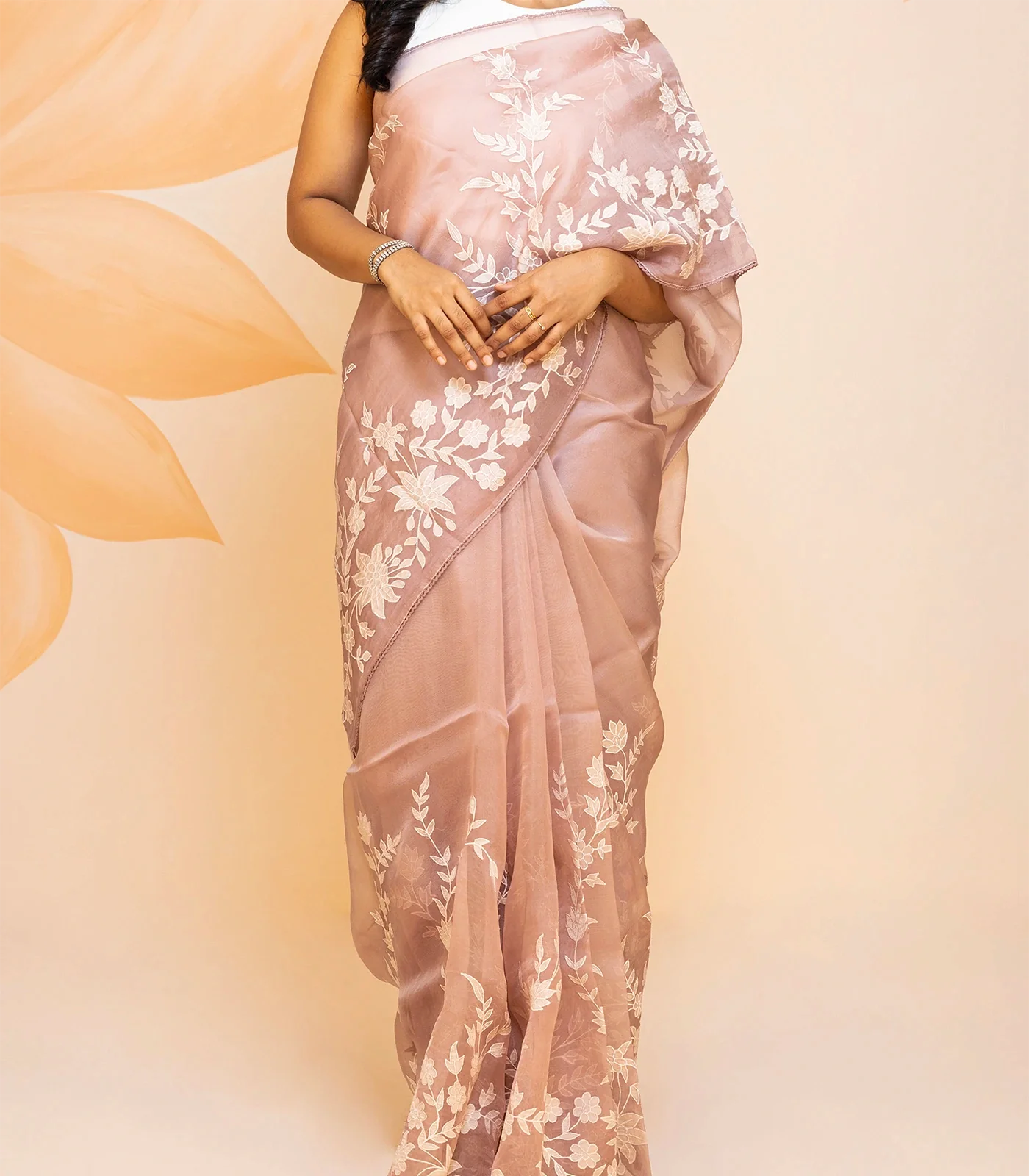 Dusty Pink Pure organza Saree Embroidered With Floral Motifs-Dusty Pink