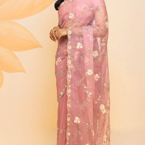 Baby Pink Pure Georgette Saree Embroidered With Floral Motifs-Baby Pink