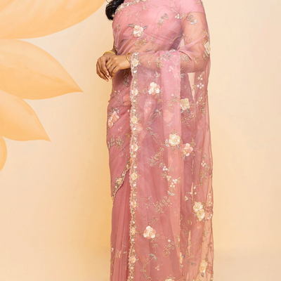 Baby Pink Pure Georgette Saree Embroidered With Floral Motifs-Baby Pink