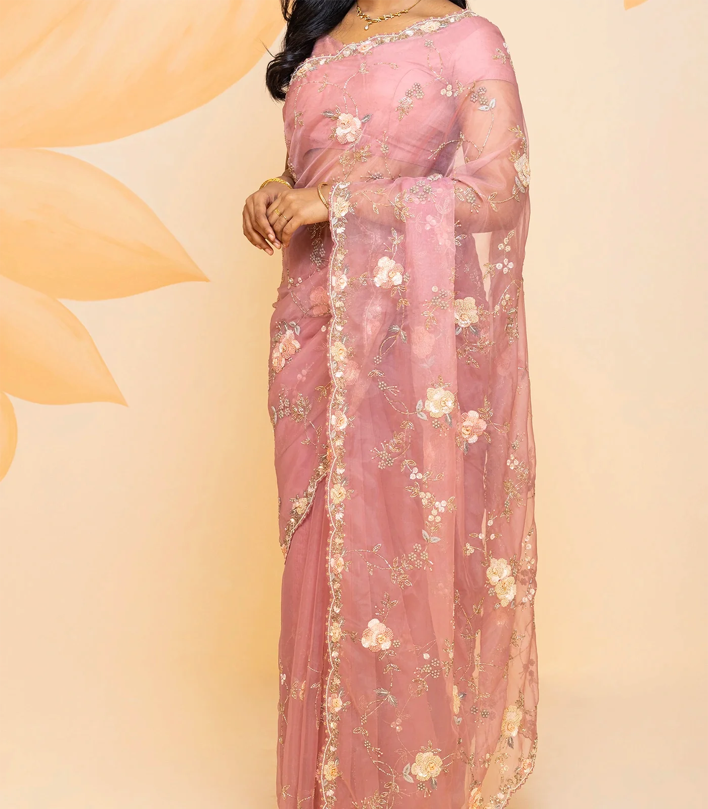 Baby Pink Pure Georgette Saree Embroidered With Floral Motifs-Baby Pink