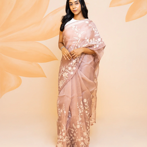 Dusty Pink Pure organza Saree Embroidered With Floral Motifs-Dusty Pink