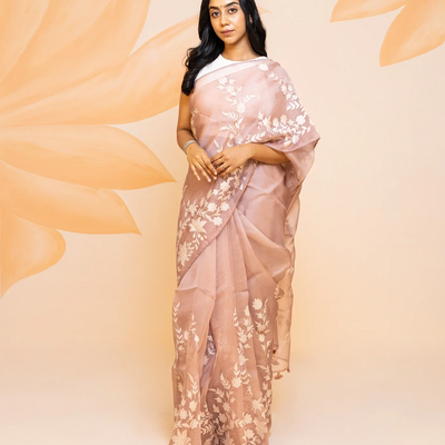 Dusty Pink Pure organza Saree Embroidered With Floral Motifs-Dusty Pink